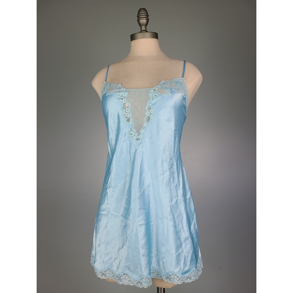 VTG Y2K Victoria's Secret Sz M Mini Slip Dress Baby Blue Lacy It Girl Coquette